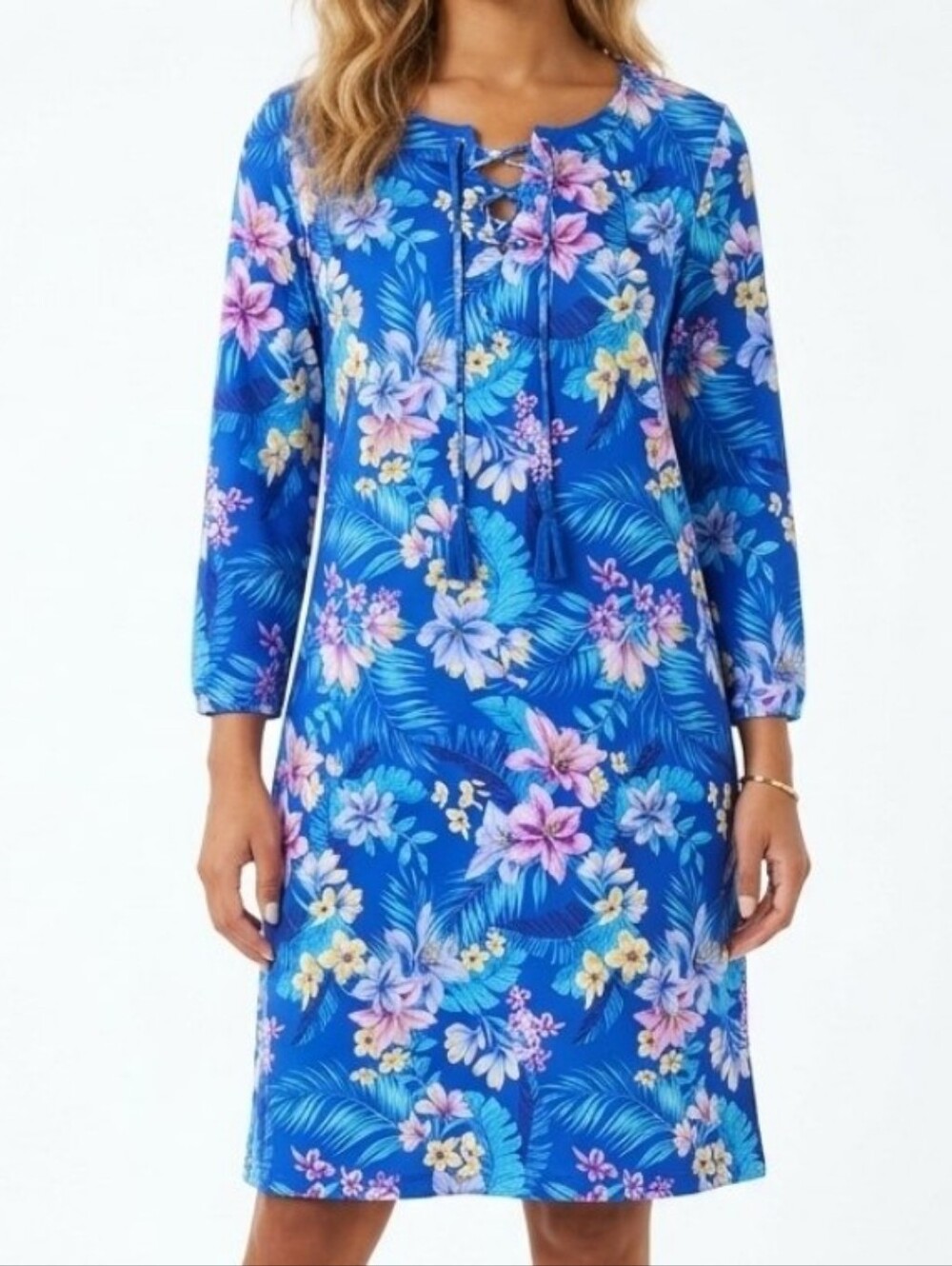 NWOT CARIBBEAN JOE WOMENS UPF 50 V-NECK SIGNATURE DRESS TROPICAL PRINT Stretch M